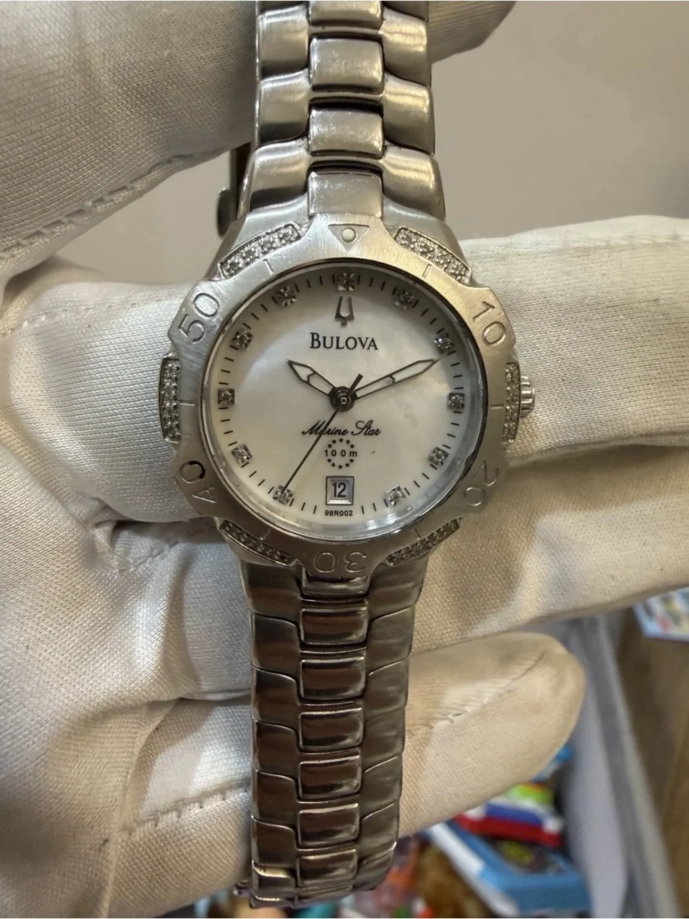Bulova Marine Star 96R002 Womens Diamond Watch Mother of Pearl Stainless Steel